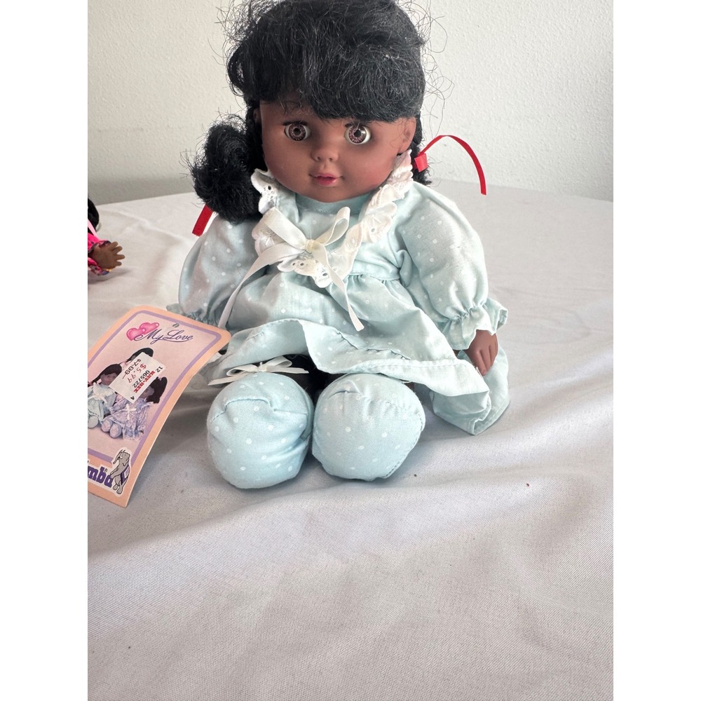 Vintage Simba My Love Doll Black 12 Inch Soft Body Blue Polka Dot Dress Tag